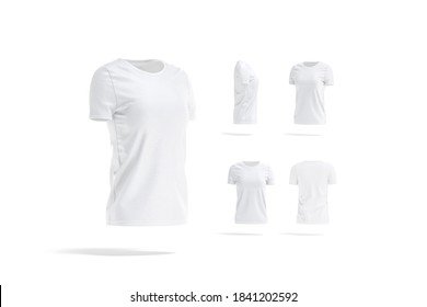 Blank White Women T-shirt Mockup, Different Views, 3d Rendering. Empty Jersey Teeshirt Model Mock Up, Isolated. Clear Casual Or Sport Female Tshirt Witl Sleeve Template.