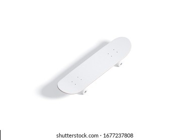 Blank White Wood Skateboard Mock Up, Top View, 3d Rendering. Empty Teenage Board For Skating Leap Mockup, Isolated. Clear Timber Longboard For Teenage Practice Mokcup Template.