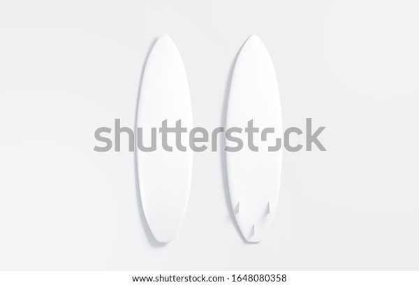 Blank white wood surfboard mockup set, front\
and back, gray background, 3d rendering. Empty water-skiing brad\
for paddle on water mock up, top view. Clear plank with fins for\
surfing mokcup\
template.