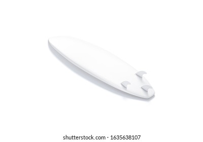 Blank White Wood Surfboarf With Fins Mockup, Side View, 3d Rendering. Empty Longboard For Surfing On Hawaii Coast Mock Up, Isolated. Clear Surf Plank For Ocean Or Sea Wave Mokcup Template.