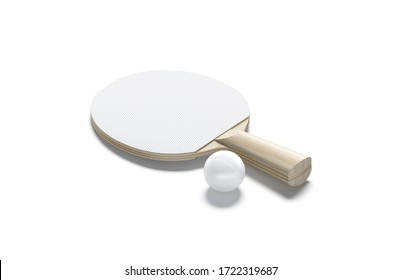 Blank white wood table tennis racket with ball mock up, 3d rendering. Empty sports bat and bal for ping-pong playing mockup, side view, isolated. Clear rubber desk for compete mokcup template.