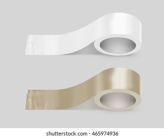 Blank White And Yellow Duct Adhesive Tape Mockup, Clipping Path, 3d Illustration. Sticky Scotch Roll Design Mock Up. Clear Glue Tape Template. Packing Insulating Tape Display.