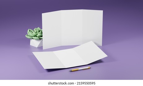 Blank White Z Fold Brochure For Mock Up Template Design. 3d Render Illustration.3 Fold Brochure Mockup. Blank White Tri Folded Booklet Brochure Mockup, Open Front View, 3d Rendering.