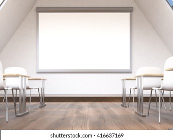 Blank Whiteboard In Classroom Interior. Mock Up, 3D Rendering