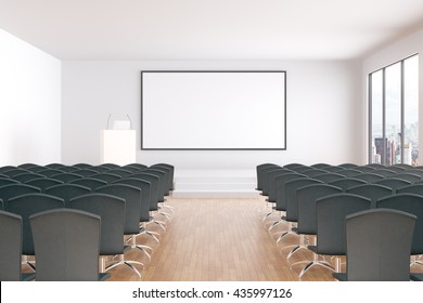 Blank whiteboard in conference hall interior with rows of seats, wooden floor, concrete walls and window with city view. Mock up, 3D Rendering - Powered by Shutterstock