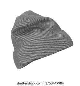 Blank Winter Gray Knitted Wool Beanie Hat Cap Mockup With Free Space For Your Design On A White Background. 3d Rendering