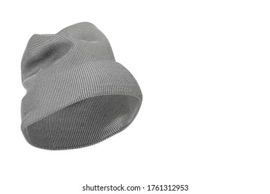 Blank Winter Gray Knitted Wool Beanie Hat Cap Mockup With Free Space For Your Design On A White Background. 3d Rendering