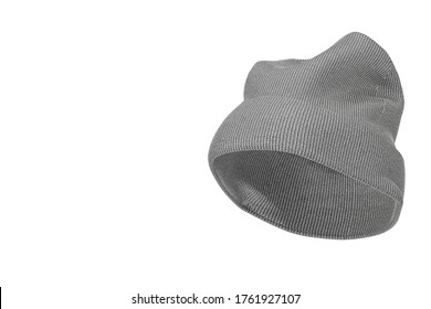 Blank Winter Gray Knitted Wool Beanie Hat Cap Mockup With Free Space For Your Design On A White Background. 3d Rendering