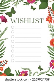 Blank wishlist template. Journal page layout design. Summer wild flowers and butterflies themed blank, personal organizer.