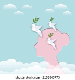 Blank Woman Face With White Paper Dove Or Pigeon Carrying Olive Branch Flying In The Sky Background. Concept For World Peace Day, International Day Of Peace. Copy Space. Paper Cut Design Style.