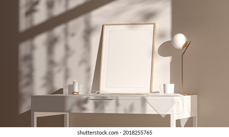 Blank Wood A4 Frame Mock Up Interior Background, 3d Rendering. Empty Brown Border For Painting Image Or Photo Mockup, Side View. Clear Wooden Decorative Furniture Screen Template.