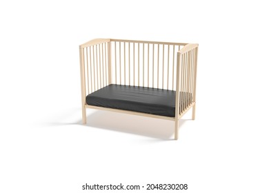Blank Wood Cot With Black Crib Sheet Mockup, Half-turned View, 3d Rendering. Empty Wooden Lattice With Fabric Bedclothes For Kid Mock Up, Isolated. Clear Protect Bassinet For Newborn Template.