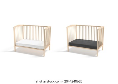 Blank Wood Cot With Black And White Crib Sheet Mockup, Half-turned View, 3d Rendering. Empty Mini Wooden Bumper For Child Protect Mock Up, Isolated. Clear Bassinet With Bedclothes Template.