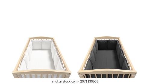 Blank Wood Cot With Black And White Crib Sheet Mockup, 3d Rendering. Empty Fabric Protection Bumper On Lattice Bassinet Mock Up, Isolated. Clear Rectangle Wooden Pallet With Cushion Template.
