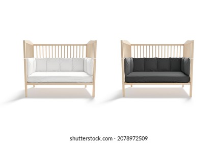 Blank Wood Cot With Black And White Crib Sheet, Protective Bumpers Mockup, 3d Rendering. Empty Protection Cradle With Pillow Mock Up, Front View, Isolated. Clear Child Sleeper Or Bassinet Template.