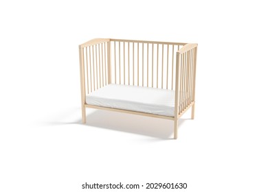 Blank Wood Cot With White Crib Sheet Mockup, Half-turned View, 3d Rendering. Empty Baby Bed With Mattress And Lattice For Protection Mock Up, Isolated. Clear Toddler Kid Sleeper Bumber Template.