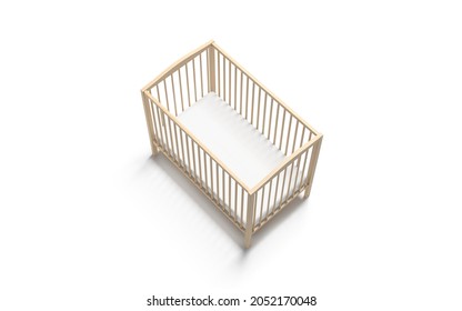 Blank Wood Cot With White Crib Sheet Mockup, Side View, 3d Rendering. Empty Wooden Bassinet With Sleeping Pad For Kid Mock Up, Isolated. Clear Protection Lattice For Safety Babe Sleep Template.