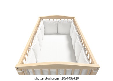 Blank wood cot with white crib sheet, protective bumpers mockup, 3d rendering. Empty lattice protect bassinet with pillow mock up, isolated. Clear cosleep bed for newborn baby template.