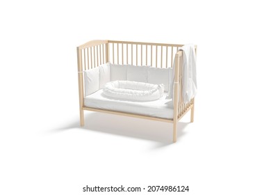 Blank wood cot with white crib sheet and nest mockup, 3d rendering. Empty protection bed with mattress and sleeping pad mock up, isolated. Clear wooden positioner with cocoon for babe template.