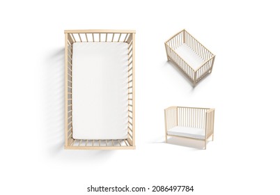 Blank Wood Cot With White Crib Sheet Mockup, Different Views, 3d Rendering. Empty Rectangle Protection Leander With Mattress For Kid Mock Up, Isolated. Clear Bedding Pallet Or Sleeper Template.