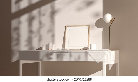 Blank Wood Small Square Frame Mockup Interior Background, Side View, 3d Rendering. Empty Art Pic Cadre With Wooden Panel Mock Up. Clear Photo Or Image In Room Template.