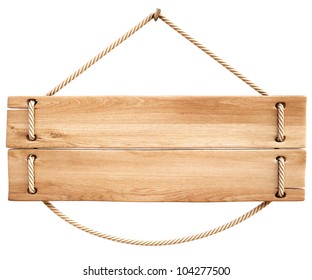 Blank Wooden Sign Hanging On A Rope. Isolated On White.