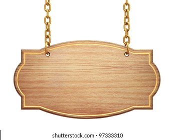 Blank wooden signboard hanging on brass chains , isolated on white