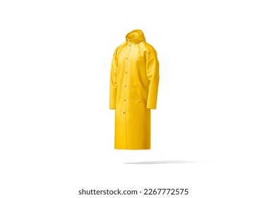 Blank yellow protective raincoat mockup, side view, 3d rendering. Empty protection plastic anorak with hood for storm mock up, isolated. Clear casual seasonal down jacket template. 3D Illustration