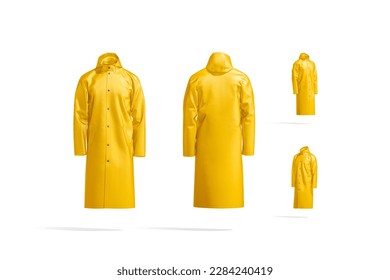 Blank yellow protective raincoat mockup, different views, 3d rendering. Empty polyester outerwear with hood for rainy season mock up, isolated. Clear casual windproof parka template. 3D Illustration