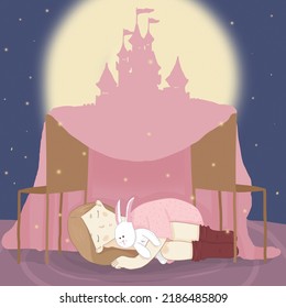 Blanket fort happy childhood.Princess castle child little girl sleeping and dreaming. Children's illustrations.Imagination concept.