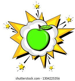 Blast Text Bubble. Proper Nutrition, Green Apple. Raster Illustration Isolated Object On White Background.