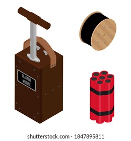 Blasting Machine Or Detonator Box, Dynamite Sticks And Black Wire Electric Cable Reel Isolated On White Background Isometric View Raster Set. Caution Explosive.