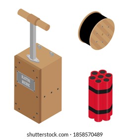 Blasting Machine Or Detonator Box, Dynamite Sticks And Black Wire Electric Cable Reel Isolated On White Background Isometric View Raster Set. Caution Explosive.