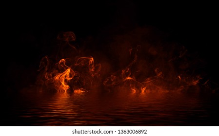 Blaze Fire Flame Texture Overlays On Isolated Background With Water Reflection.