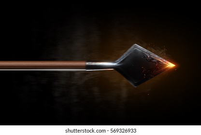 Blazing flying arrows on black background isolated. Concept. 3d render