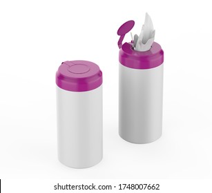 Bleach Disinfectant Wipes In Dispensing Container. Sanitizing Antibacterial And Anti Germs Products For Household. 3d Illustration