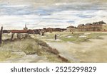 Bleaching Ground at Scheveningen (1882) by Vincent Van Gogh. Field landscape. Vintage field landscape scenery art drawing illustration, Vincent Van Gogh old painting landscape art print of field.