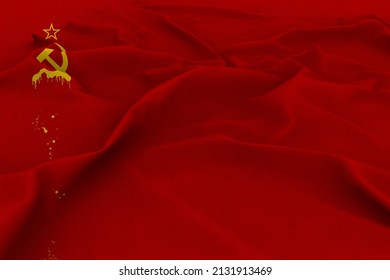 Bleeding Old Flag Of The Soviet Union. 3D Realistic Waving Fabric Macro Shot Render Illustration