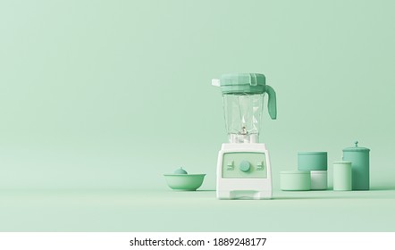 Blender Mixer Machine On Pastel Blue And Green Color. Small Kitchen Electrical Appliances. Health Lifestyle, Healthy Homemade. Concept For Product Presentation, Social Media, Banners. 3D Render