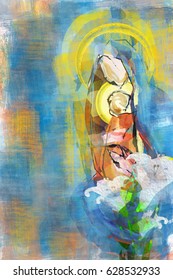 Blessed Virgin Mary with baby Jesus. Artistic abstract modern colorful design. Digital illustration made without reference image.