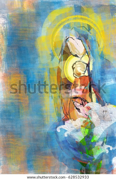 赤ちゃんイエスと聖母マリア 芸術的な抽象的なモダンなカラフルデザイン 参照画像を使用せずに作成されたデジタルイラスト のイラスト素材