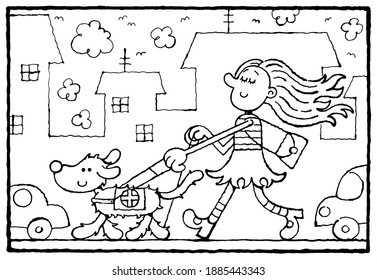 Blind Girl With Guide Dog Crossing Road, Coloring Page, Black And White Illustration, World Braille Day January 4