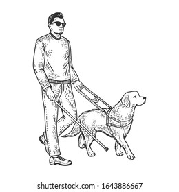 Blind Man And Guide Dog Sketch Engraving Raster Illustration. T-shirt Apparel Print Design. Scratch Board Imitation. Black And White Hand Drawn Image.