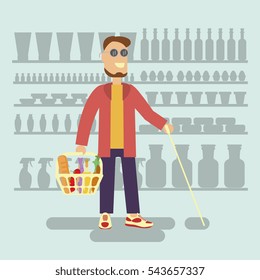 Blind Person With Walking Stick Is A Customer With Shopping Basket In Supermarket. Isolated Illustration Of Disabled Man

