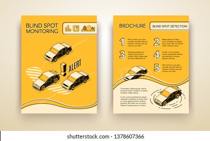Blind spot monitoring assistance system brochure or flyer isometric design template with cars equipped radar sensors moving on road line art illustration. Road accidents prevention booklet