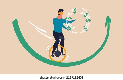 Blindfold Unicycle On Arrow Business And Blind Difficulty Challenge. Leadership Insurance And Skill Illustration Concept. Uncertainty Rise And Value Investment. Employee Career Way And Risk