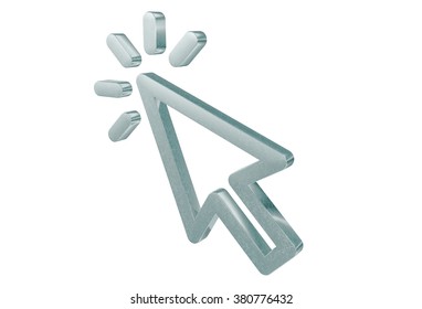 Blinking 3D Cursor Arrow. Shiny Metallic Cursor Isolated On White.