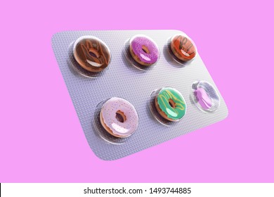 Blister pills with colorful donuts packed inside. Concept idea for medicine, healthy food, diet. 3d rendering illustration isolated on pink background.