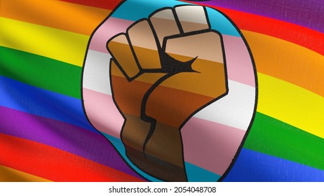 BLM Fist Pride, Gay LGBT Flag Blowing In The Wind. 3D Rendering Illustration Of Waving Sign