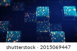  Block chain concept. Big data binary code futuristic information technology, data flow. Transferring of big data.  interconnected blocks of data depicting a cryptocurrency blockchain . 3D Rendering.